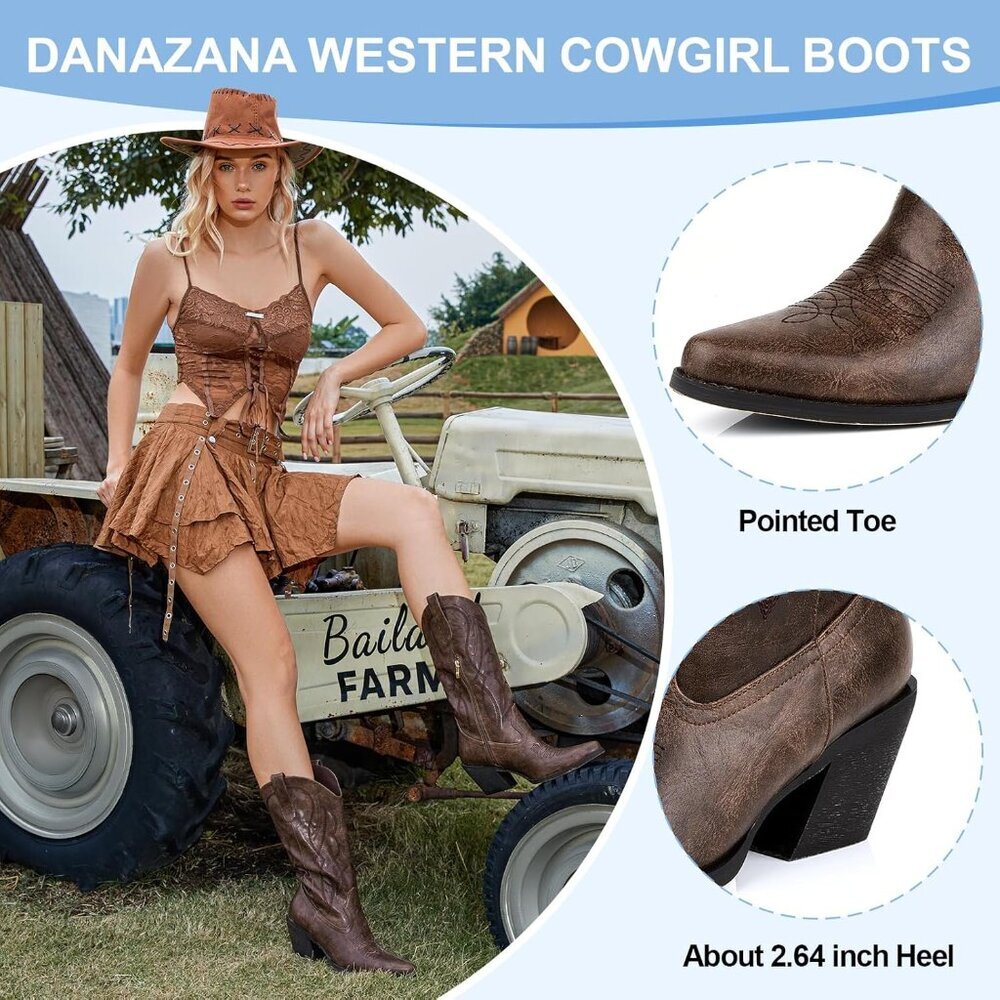 Women Brown Wide Calf Rhinestones Pointed Toe Chunky Heel Embroidered Boots - Picture 4 of 8